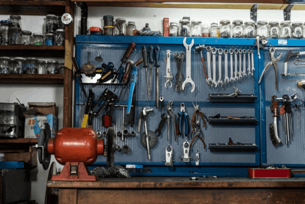Tools mounted on a workshop wall